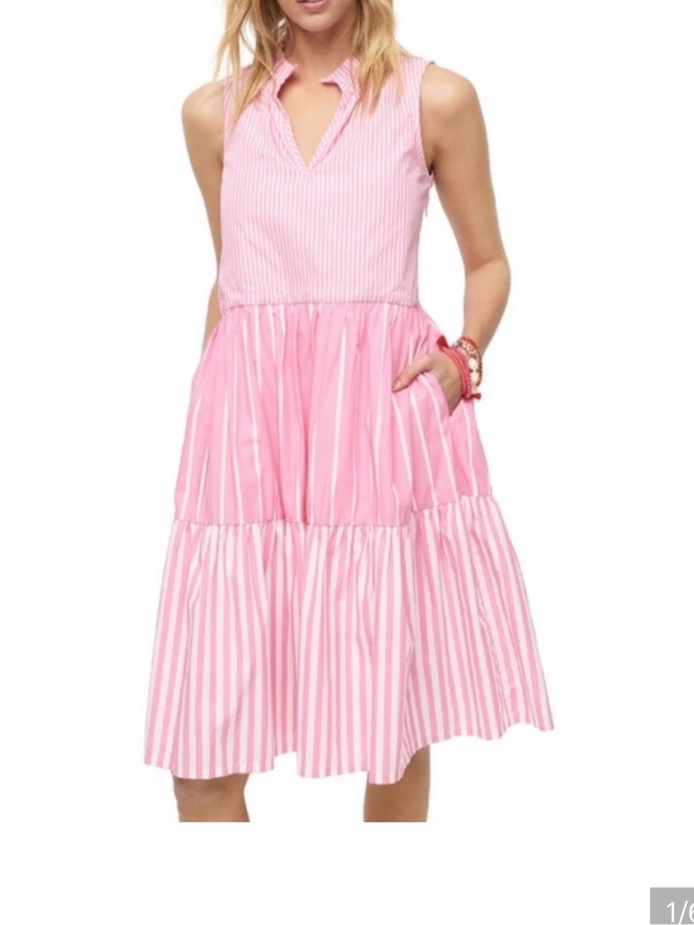 J Crew Popover Pink Striped Sleeveless Tiered Dress -Size XS